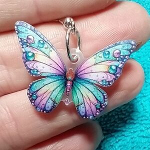 Aqua purple pink butterfly wire dangle earrings